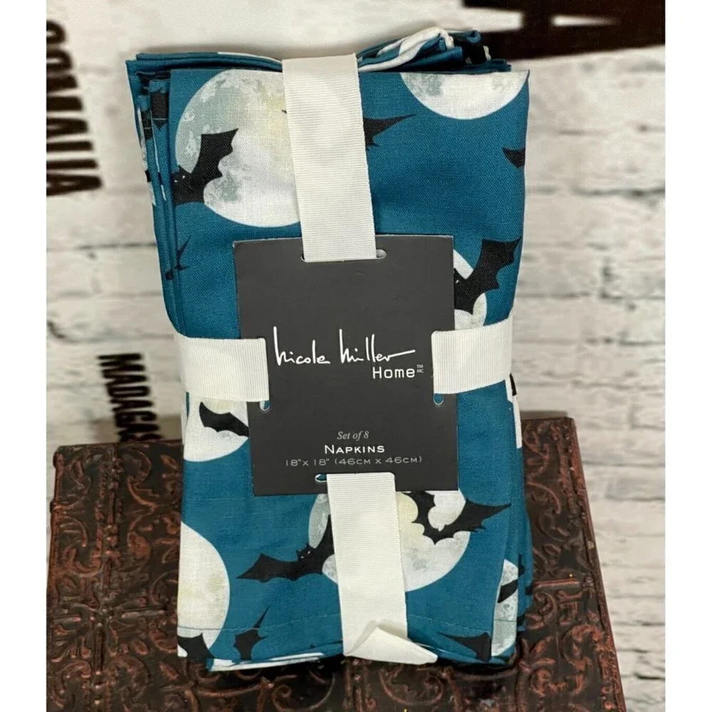 Nicole Miller Home Set of 8 Teal Bats & Moon Print Cloth Napkins